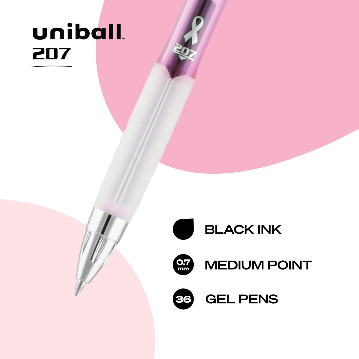 uniball 207 Pink Ribbon Retractable Gel Pens, Medium Point (0.7mm), Black, 12 Pack