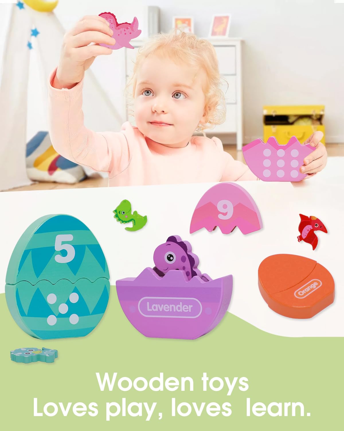 OEUVI Toddlers Learning Toys Wooden Number Counting Montessori Educational Toys Matching Eggs Dinosaur Toys Sorting Fine Motor Games Christmas Birthday Easter Gift for Kids Boys Girls Ages 3+