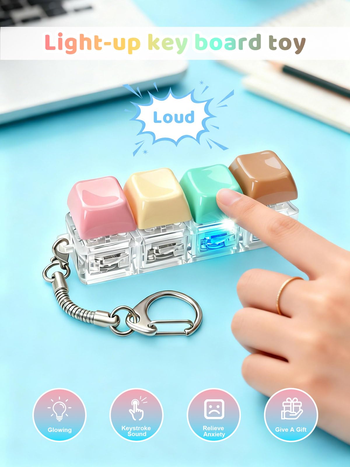 10PCS Light Up Keyboard Fidget Toy, 4-Key LED Keyboard Fidget Clicker Keychain with RGB Lights, Portable Mechanical-Style Sensory Desk Toy for Adults and Teens