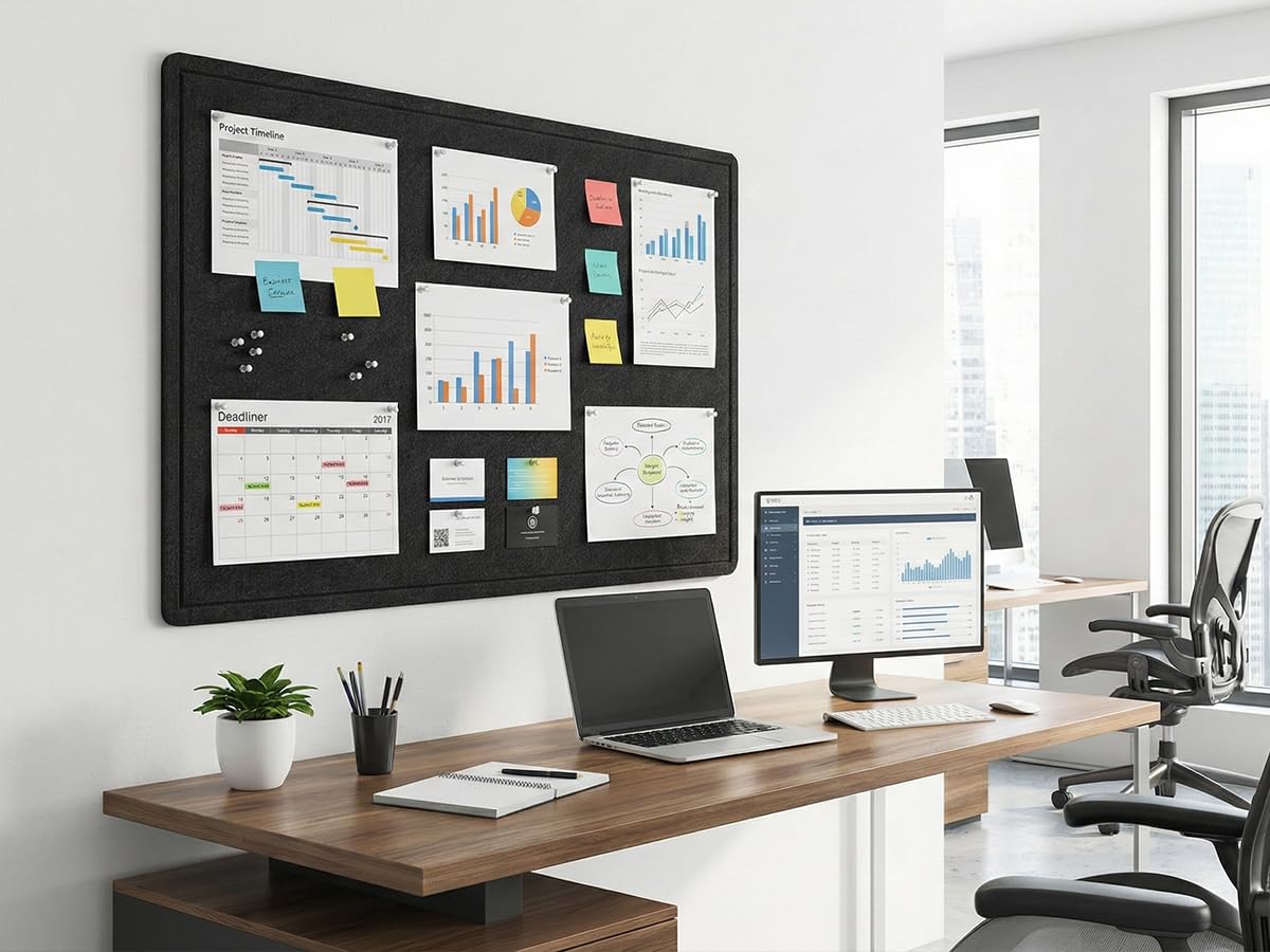 DexBoard Foldable 72x 48 inch Large Bulletin Board for Wall, Decorative Picture Display Felt Board with Self-Adhesive Tape for School, Home, Kitchen & Office Walls, Includes 30 Pins, Black