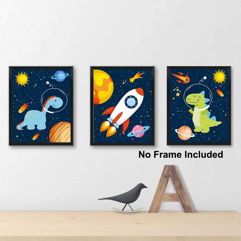 KAIRNE Dinosaur Outer Space Art Print, Solar System Planet Canvas Poster,Set of 4 (8X10inch,Unframed) Animal Astronaut Wall Art for Kid Room Decor