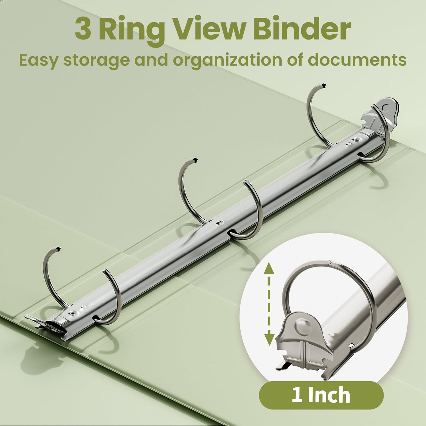 SUNEE 3 Ring Binder 1 Inch 2 Pack, Clear View PVC-Free (Fit 8.5x11 Inches) for School or Office, Sage Green