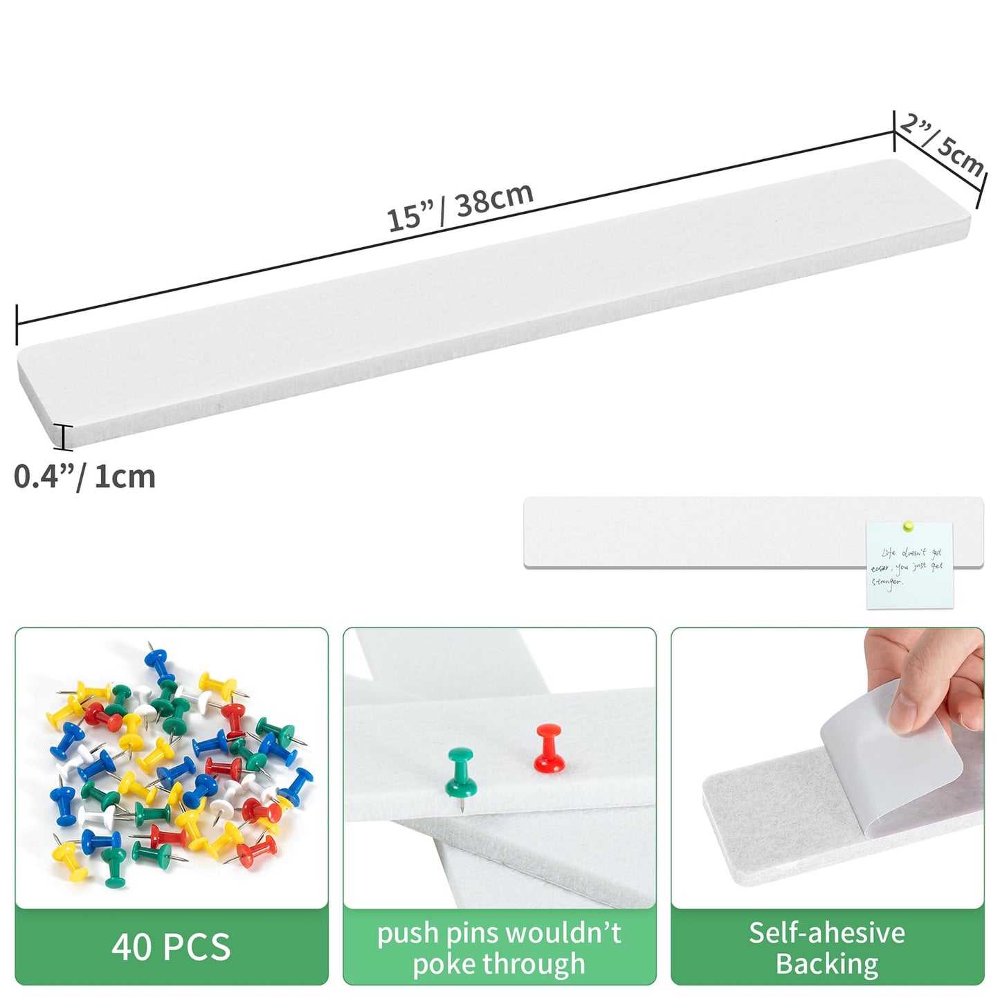 GoTiling Cork Board for Walls - 8 Pack Felt Pin Board Bar Strips - Self-Adhesive Lightweight Bulletin Board - Cork Board for Office with 40 Push Pins No Damage for Wall (White)