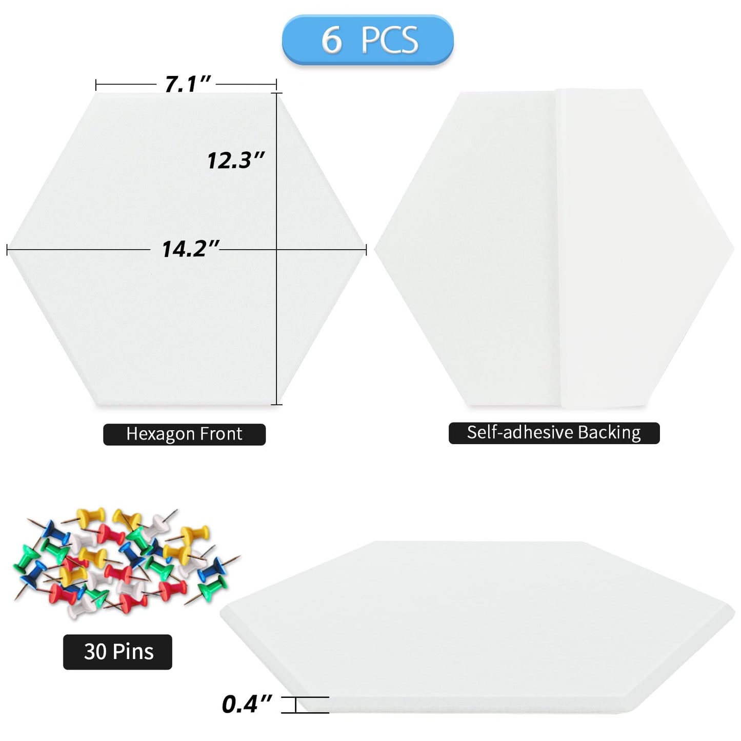 BXI Hexagon Felt Bulletin Board - 14.2 X 12.3 X 0.4 Inches 6 Pcs Self-Adhesive Poster Cork Board 30 Push Pins, Thick Pin Tiles Display Vision Board, Photo Picture Panels for Home Office Classroom