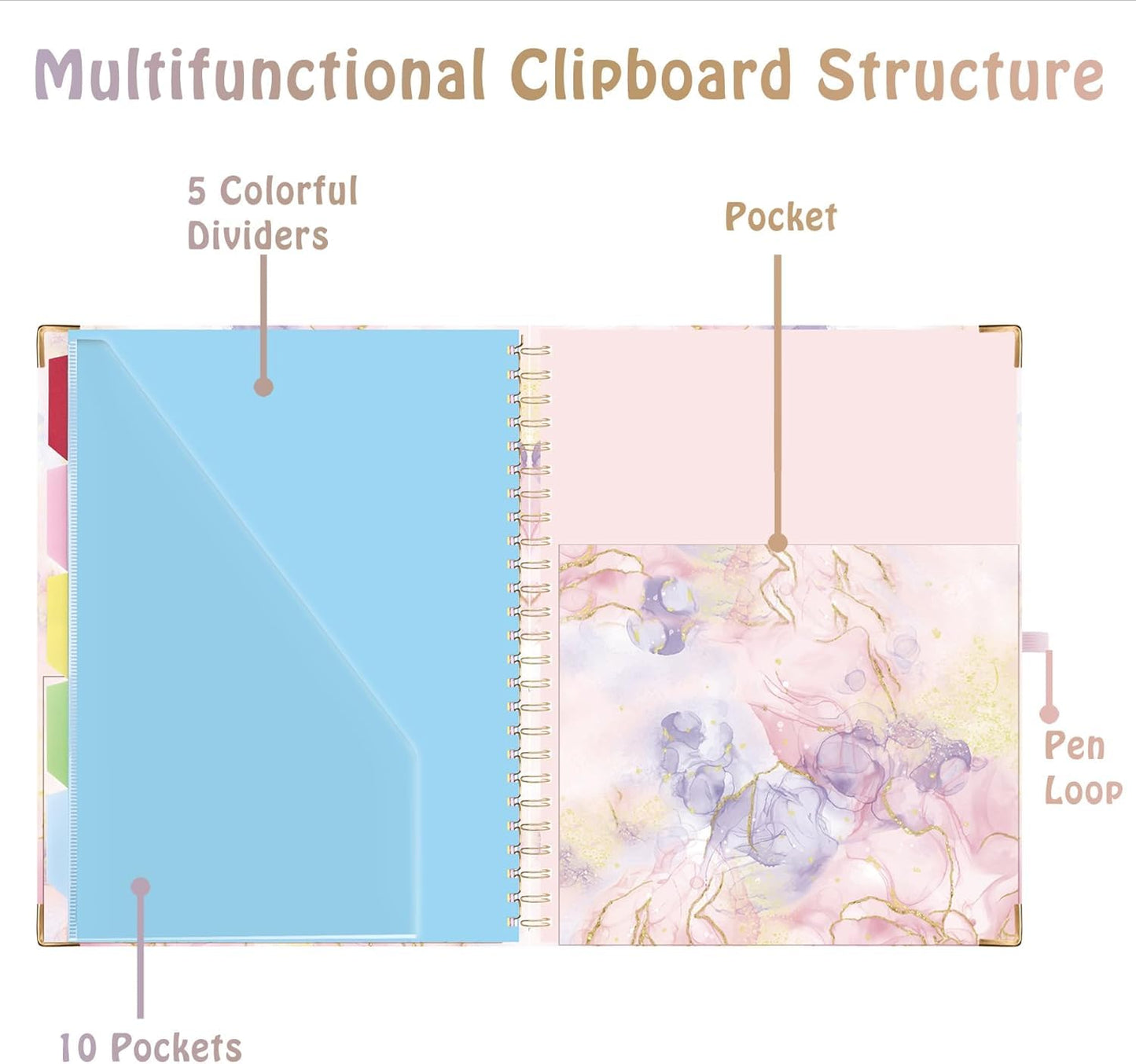 HAUTOCO Clipboard Folio with Refillable Notepad for Letter Size (11" x 8.5"), 5 Dividers with 10 Pockets, Elastic Pen Holder and File Folder Labels, Spiral Nurse Clipboard Artboard(Pink Marble)