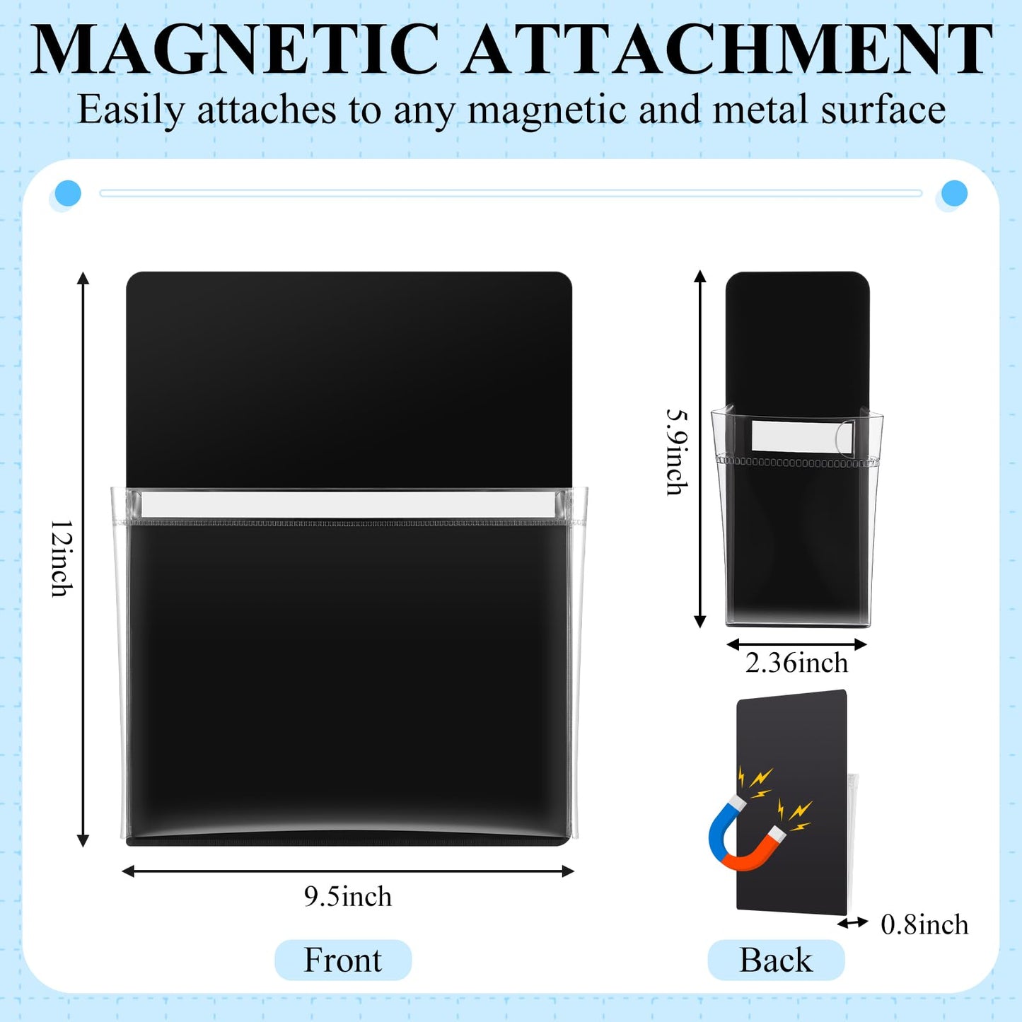 Henoyso 10 Packs Black Magnetic File Holders, Self-adhesive Magnetic File Holder for Recipe, Notes, Tools - Strong Magnet Backing for Fridge, Whiteboards, and Metal Surfaces ( 9.5 x 12 In, 2.4 x 6 In)