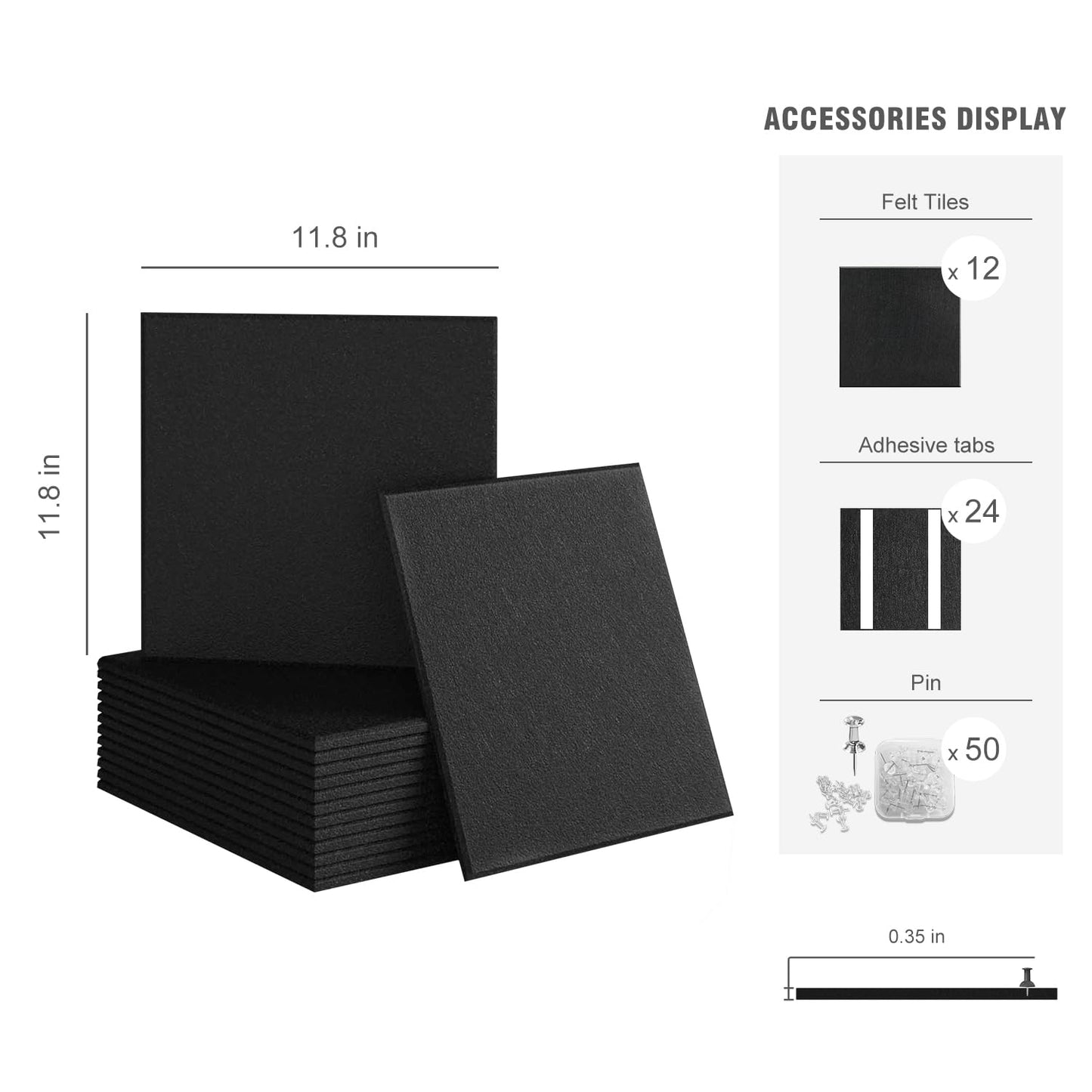 Large Cork Bulletin Board Wall - 48" x 36" Felt Pin Board TSJ OFFICE 12 Pack Tiles Set with 50 Pushpins & Safe Removable Adhesive Tabs, Corkboard for Office Home Office Decor Classroom Display - Black