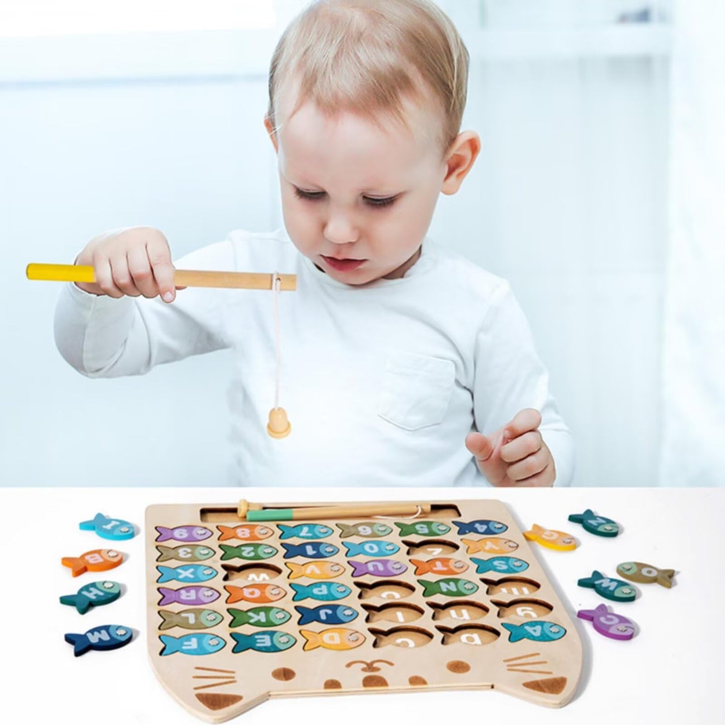 CleCoCenCir Magnetic Alphabet Numbers Fishing Game, Wooden ABC Letter Numbers Uppercase Lowercase Matching Puzzle Fine Motor Montessori Educational Toy for Preschool 3 4 5 Year Old Toddlers