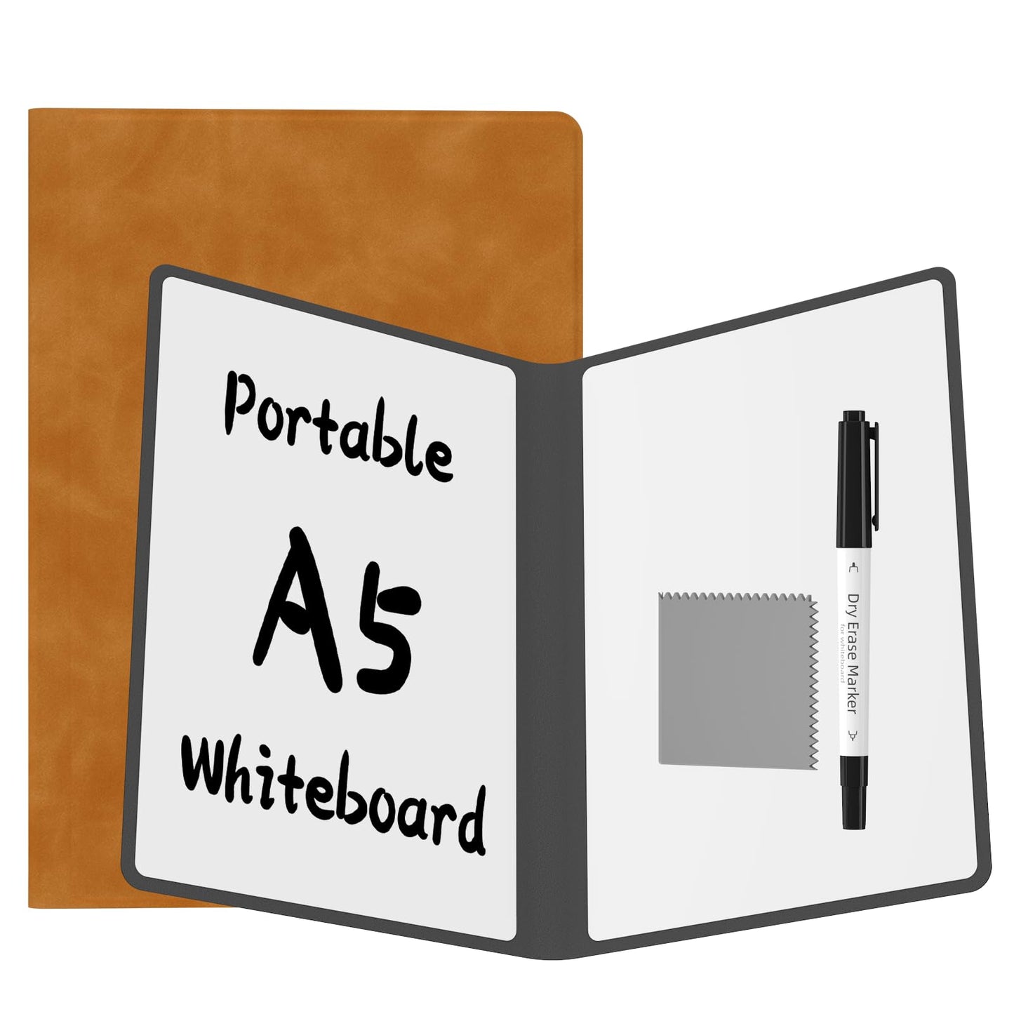 Portable Dry Erase Board,Reusable Whiteboard Notebook, Double-Sided White Board PU Cover 9.5"x6.6" with Marker,Wipe Cloth (Orange)
