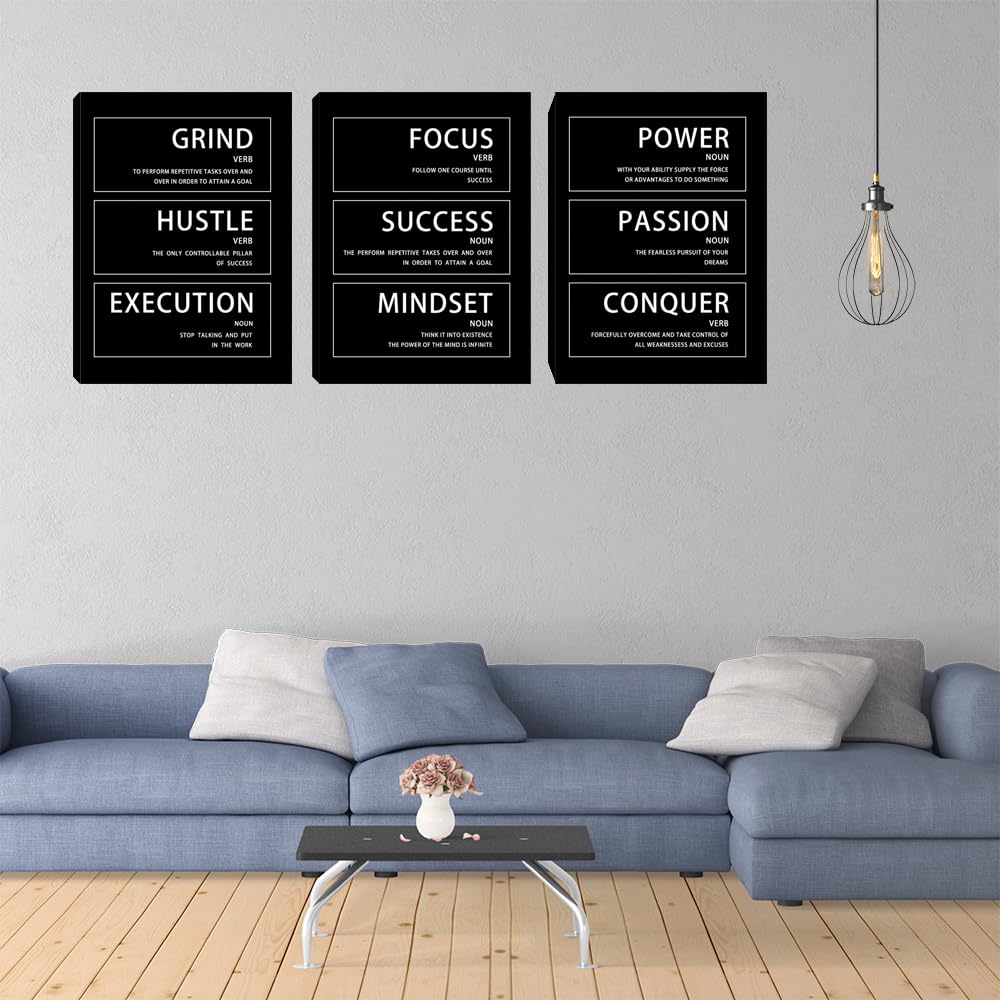 Yetaryy Motivational Wall Art - Hustle Grind Execution Quotes - 3 Piece Inspirational Success Mindset Wall Art Poster Canvas Office Decor - 36" W x 16" H