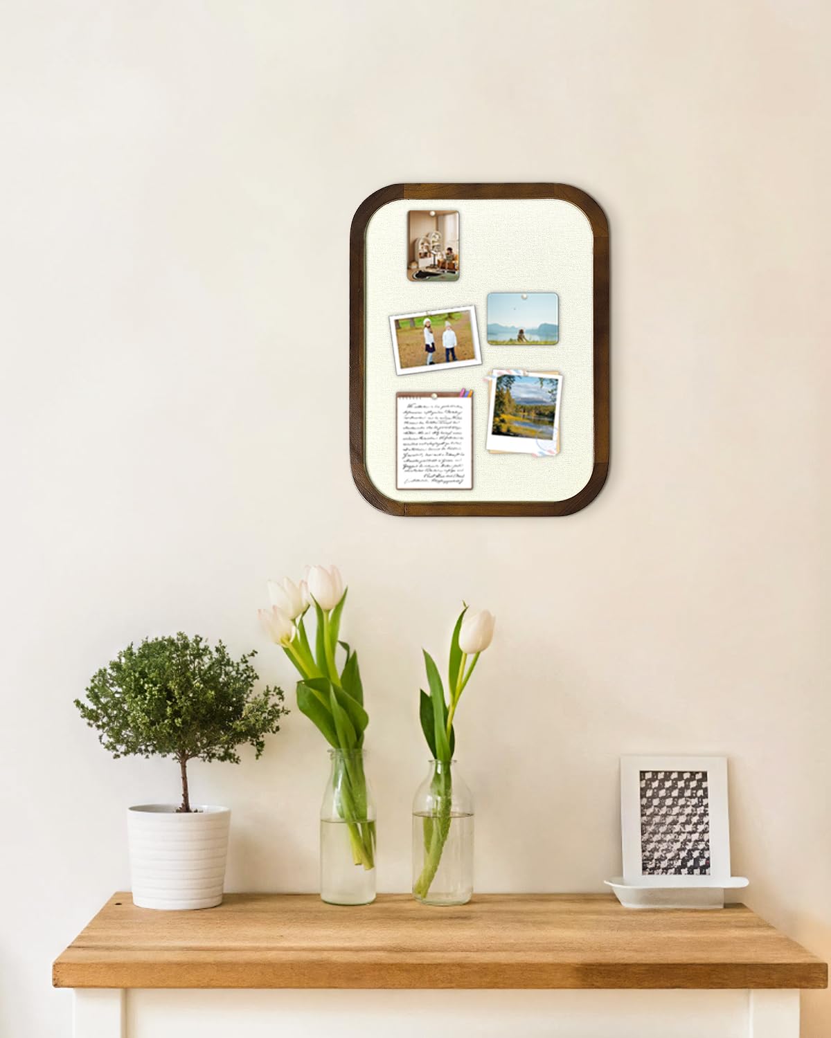 Linen Bulletin Board, Pin Board for Walls, Fabric Bulletin Board, 13"x17"Small Pin Board for Home Kitchen Office Decorative, Brown Wood Frame Cork Board(BN-3343)