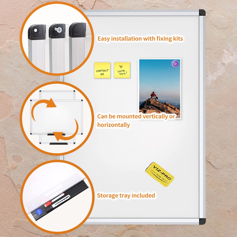 VIZ-PRO Magnetic Whiteboard/Dry Erase Board, 18 X 12 Inches, with 1 Eraser & 4 Magnets & 14 Markers