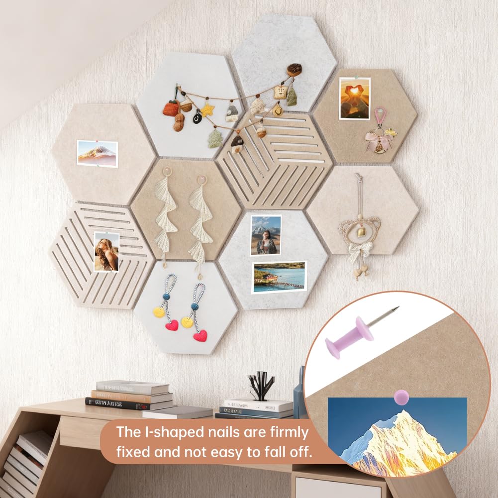10Pack Hexagon Cork Boards for Walls Decor,Felt Board Tiles with 100 Push Pins,Felt Bulletin Board Tiles for Office & Home for Notes Photos and DIY Classroom Decor