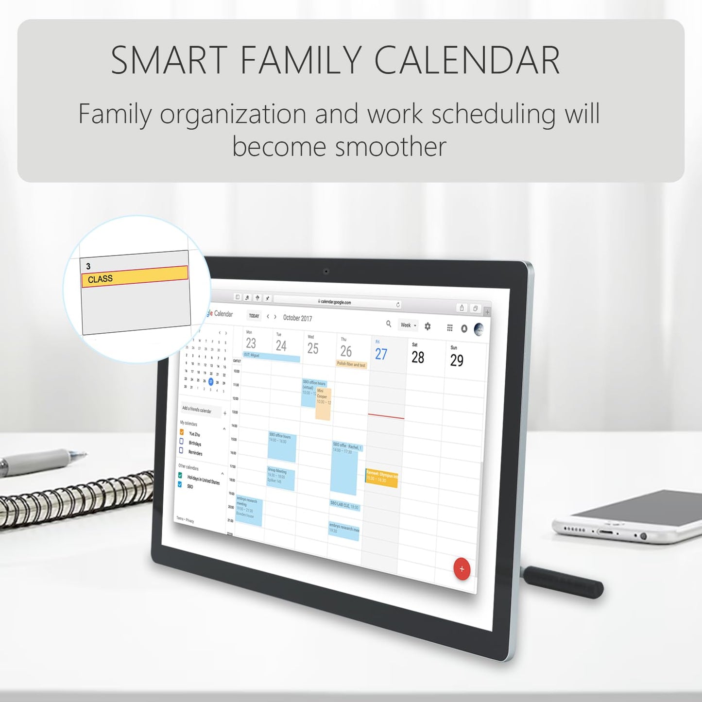 TouchWo 15.6 to 27 inch Touchscreen Digital Calendar & Wall Planners, Smart Whiteboard Calendar for Chore Chart & Work Schedule, Built in Speakers and Camera, Include Wall Mount & Desk Stand (23.8-inch)