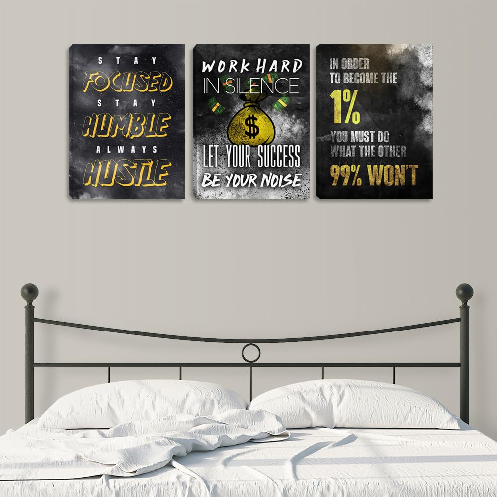 Modern Motivational Success Quotes Wall Art Canvas Art 3 Piece Black Wall Art Inspiring Entrepreneur Hustle Poster Prints Wall Decor Office Wall Decorations Framed Posters for Office(36''Wx 16''H)