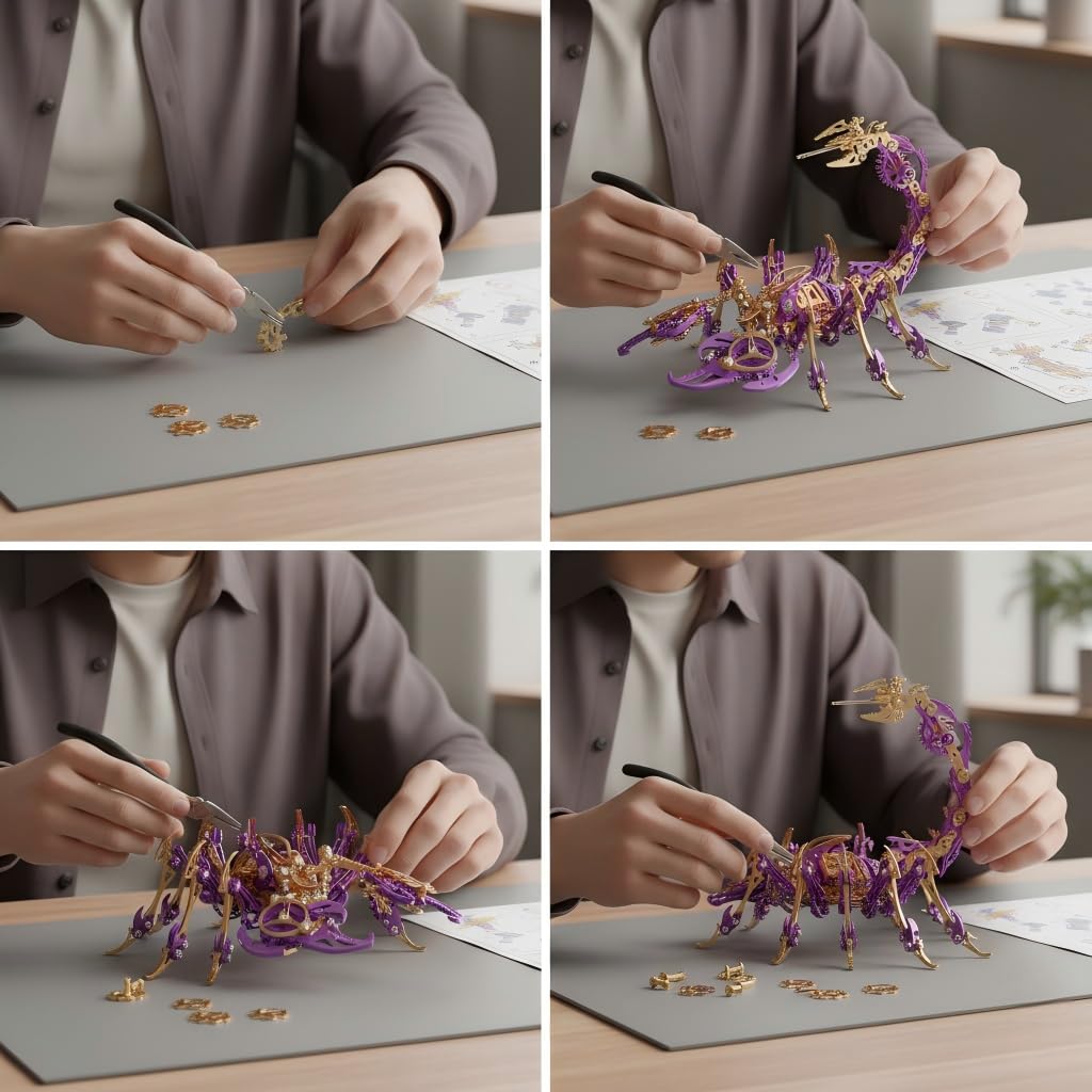 Scorpion 3D Metal Puzzles for Adults, 454PCS Stainless Steel DIY Mechanical Metal Model Kits, No Glue Assembly with Movable Joints, Challenging Metal Building Kit Desk Decor Gift (Purple-Glod)