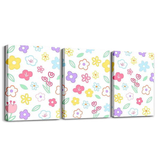 Feelyou Cute Flower 3 Piece Canvas Wall Art for Living Room Bedroom Colorful Floral Wall Art for Home DecorCartoon Hand-drawn Office Decor ArtworkBotanical Decor Picture Posters
