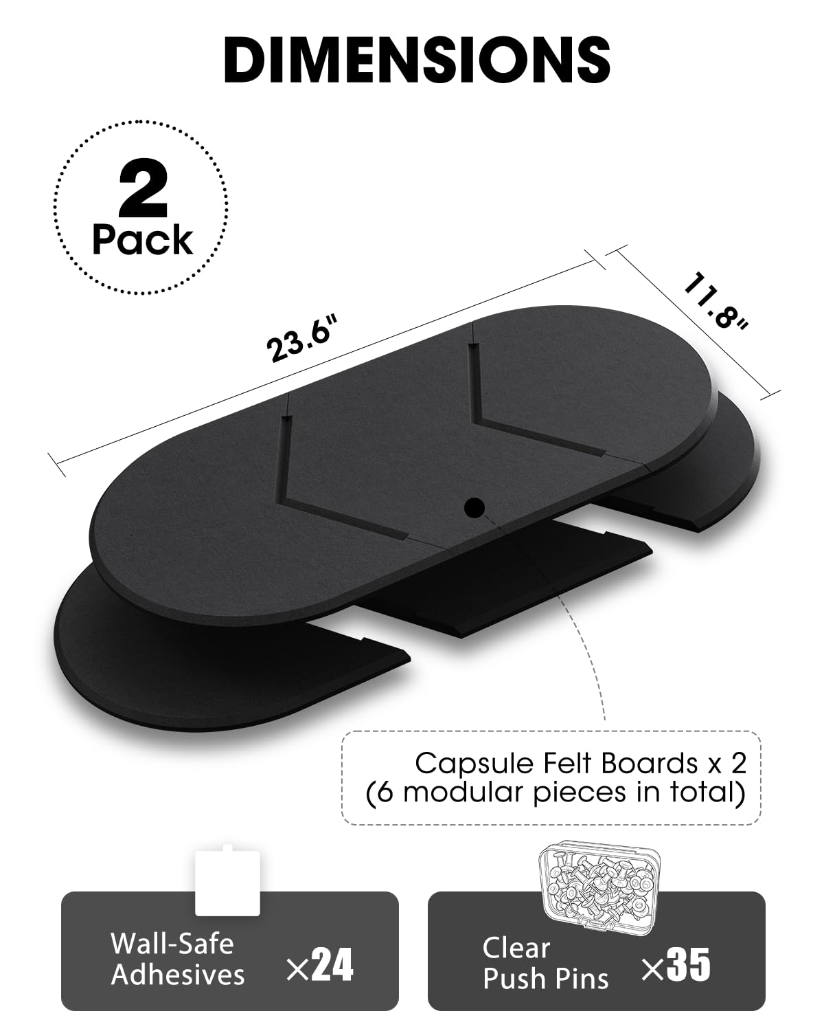 Cork Board Alternative, Felt Bulletin Board for Walls, 2-Pack 23.6"x11.8" Pin Board Wall Organizer with 35 Push Pins, Adhesive Install Wall Decor for Office, Classroom, Home, Desk Accessories