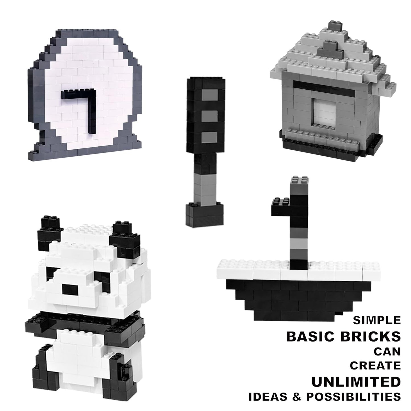 Building Bricks 1000 Pieces in Black, Dark Grey, Light Grey & White, Classic General Building Blocks Toys for Boys & Girls, Bulk Basic Brick Tiles for Adult's Building Projects