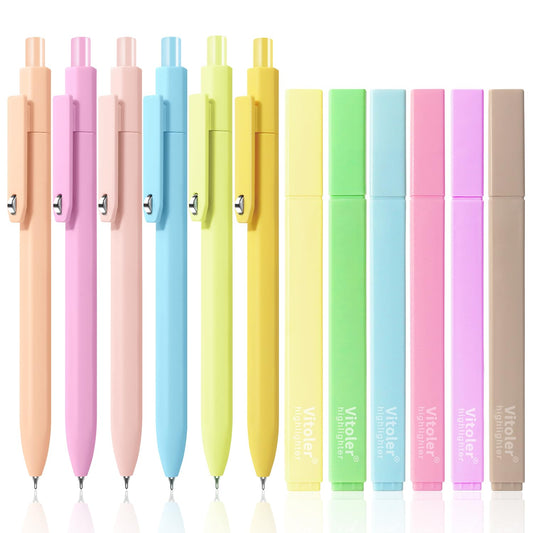 Piochoo Highlighters and Black Pens Set,6Pcs Pastel Highlighters Assorted Colors,6 Pack 0.5mm Cute Gel Pens for Women Nurse Office School Supplies