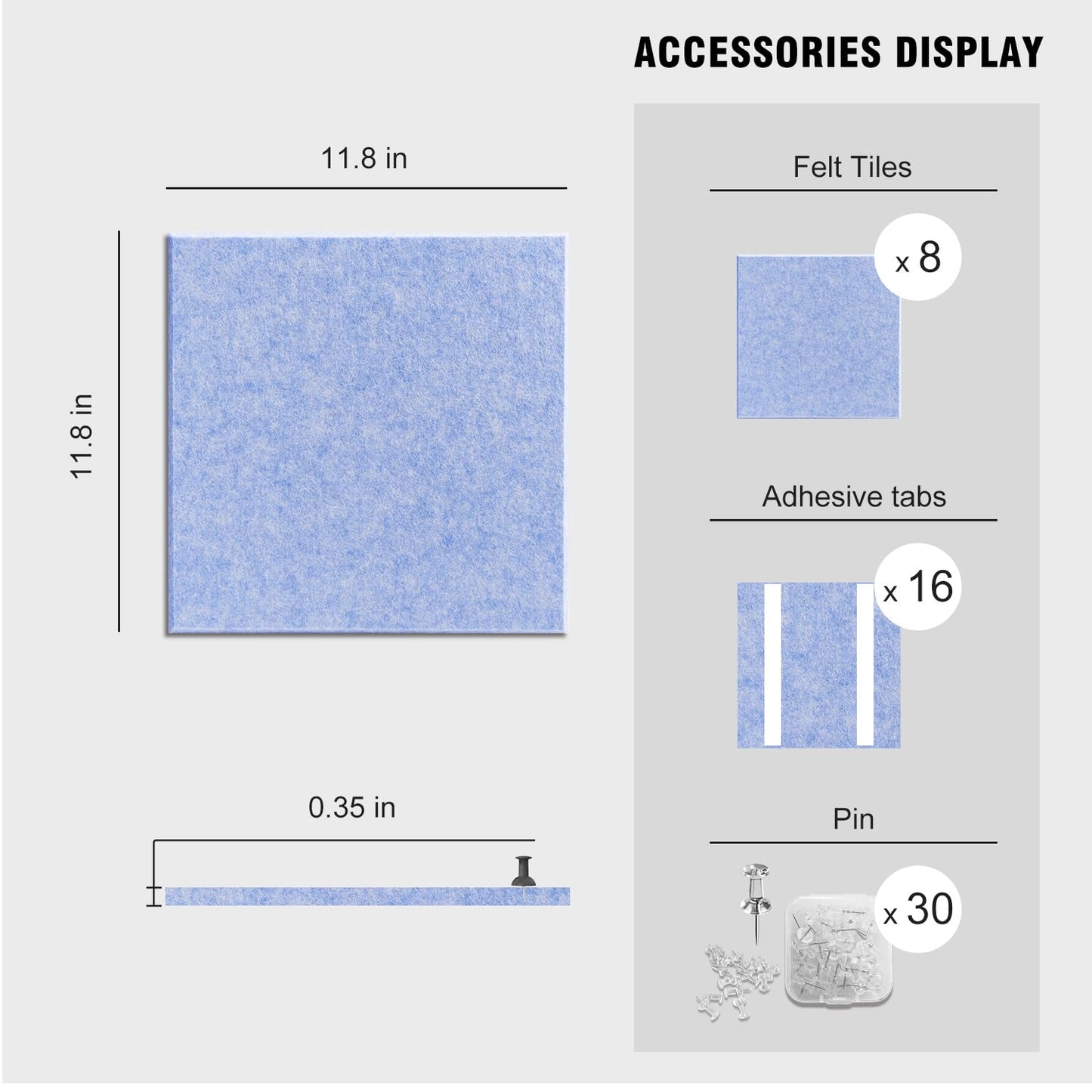 TSJOFFICE Large Cork Board for Wall - 48" x 24" Bulletin Board with 30 Pushpins for Office Decor, Pin Board 8 Pack Felt Tiles with Safe Removable Adhesive Tabs, Corkboard for Home - Light Blue & White