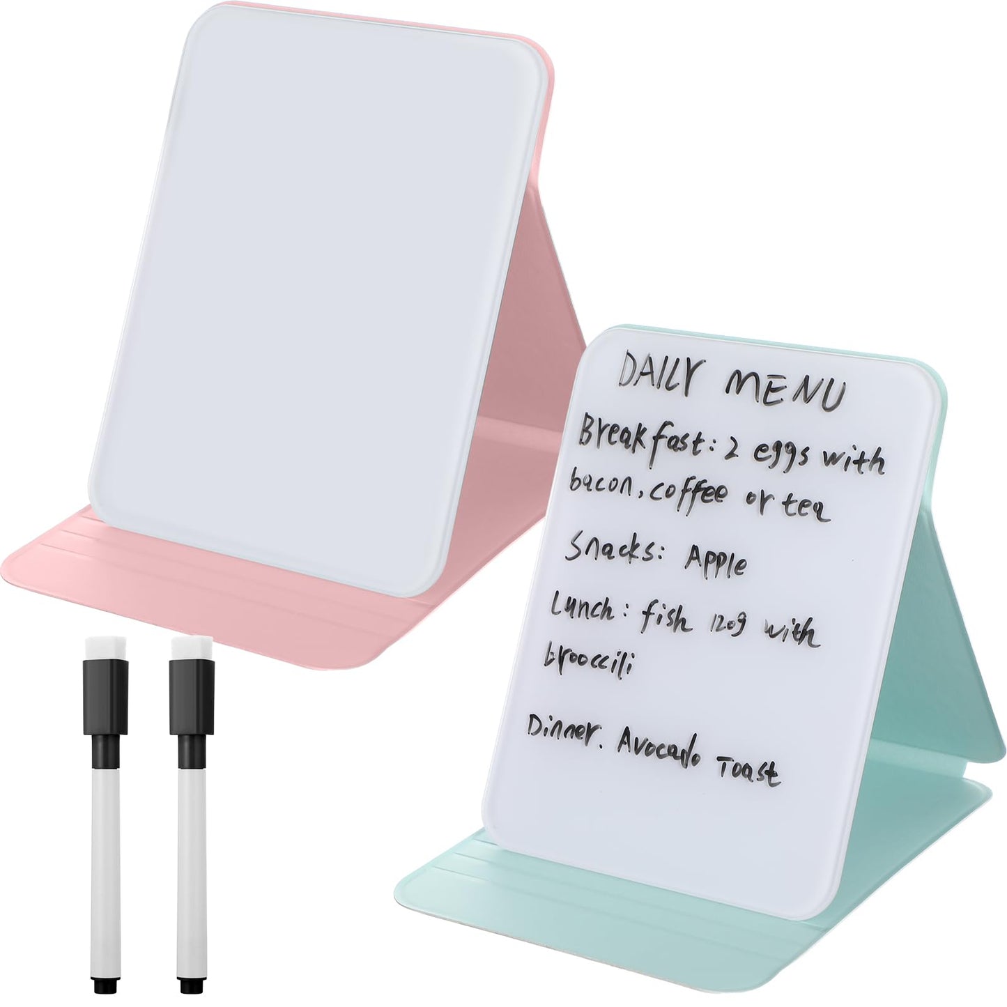 Dunzoom 2 Sets 4 Pcs Small Glass Desktop Whiteboard with Reversable Stand 8x6 Inch Mini Dry Erase White Board Easel with 2 Markers Reusable Desk Notepad for Home Office School Supplies (Pink,Green)