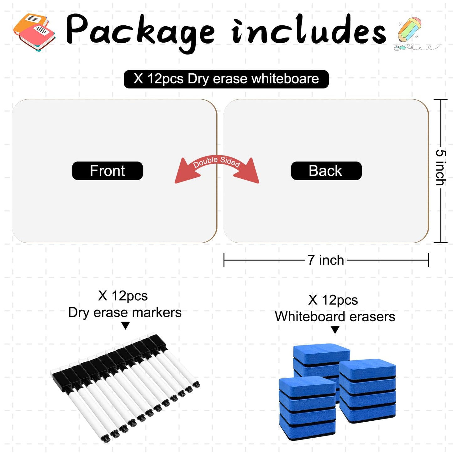 12-Pack Dry Erase Boards 5" x 7" Double-Sided Mini Whiteboard Set – Includes Markers & Erasers – Perfect for Students, Teachers, and Classroom Use