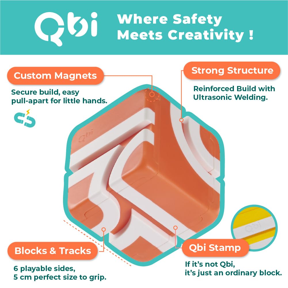 QBI Magnetic Blocks for Toddlers 1-3｜School Bus Toy Set with 12 Pastel Track Cubes｜STEM Montessori Educational Toys for 1 Year Old Boys & Girls｜Safe Large Building Bricks (13 Pieces Starter Pack)