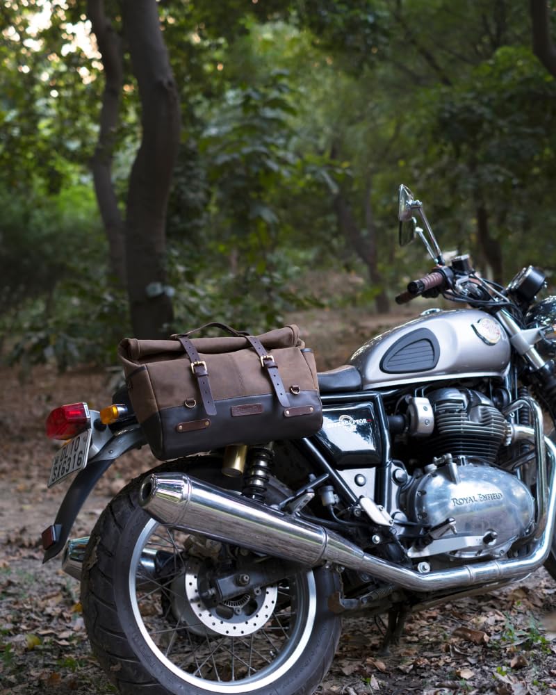 Trip Machine Company Outlaw Leather Motorcycle Saddlebag – 17L Roll Top Luggage Bag with Mounting Straps, Shoulder Strap & Waterproof Rain Cover (Dark Brown/Tobacco)