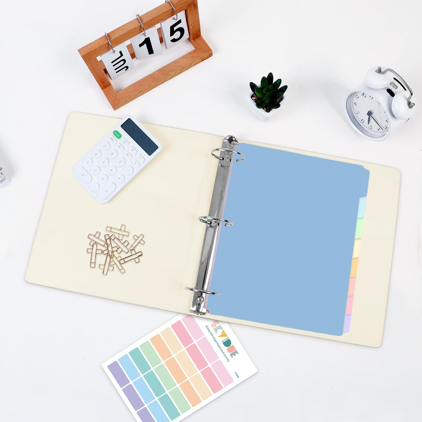SKYDUE 1 Inch 3 Ring Binder with 8 Tab Dividers & 24 Labels, Pastel Binder Organizer for Letter Size Paper, Aesthetic School Binder for Notes, Documents, Office & Home Organization, Pearl White