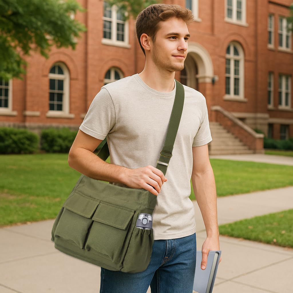 VODIU Canvas Messenger Bag Large Hobo Crossbody bags for Women,Men, Shoulder Tote Handbags with Laptop pocket Green