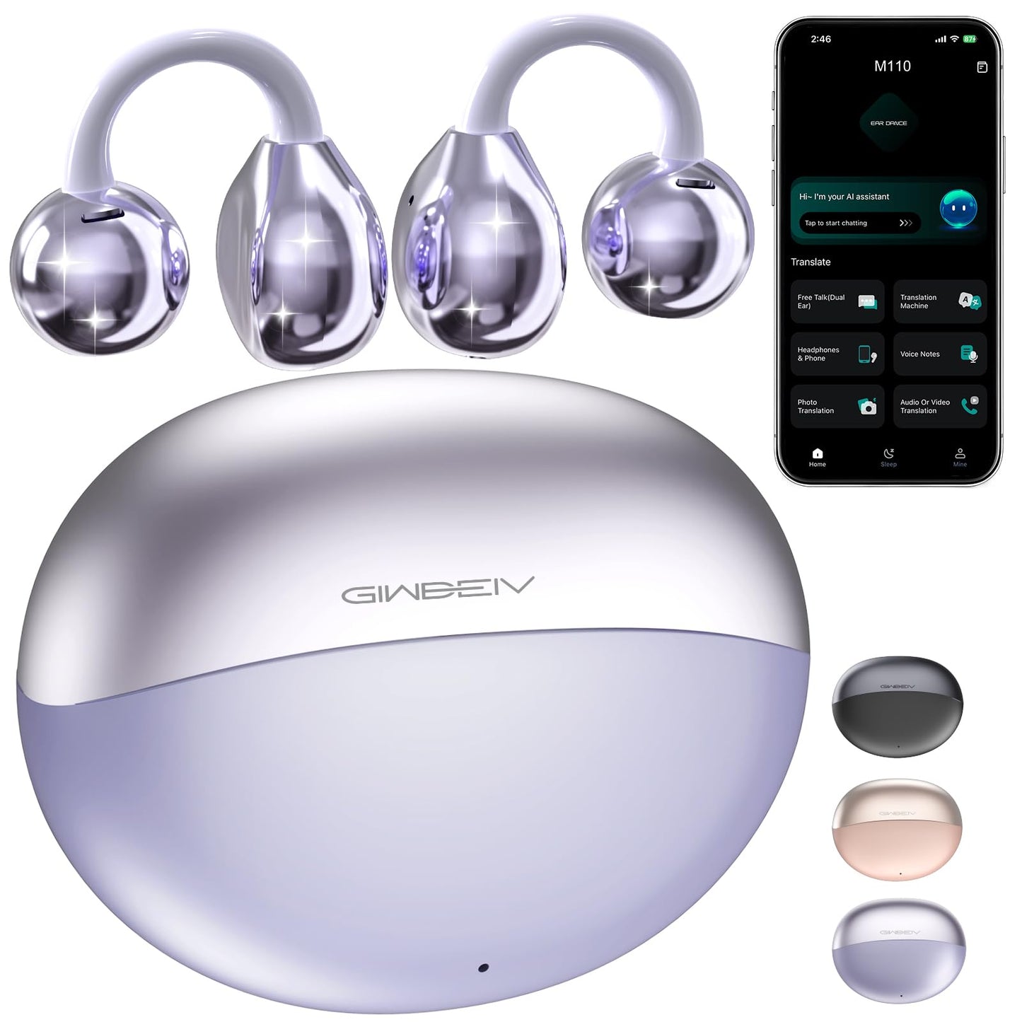 AI Translation Earbuds Real Time, 164 Language Translator Earbuds, 3-in-1 Wireless Clip on Earbuds, Bluetooth 5.4 Headphones, Translating Device for Travel Business Learning (Purple)