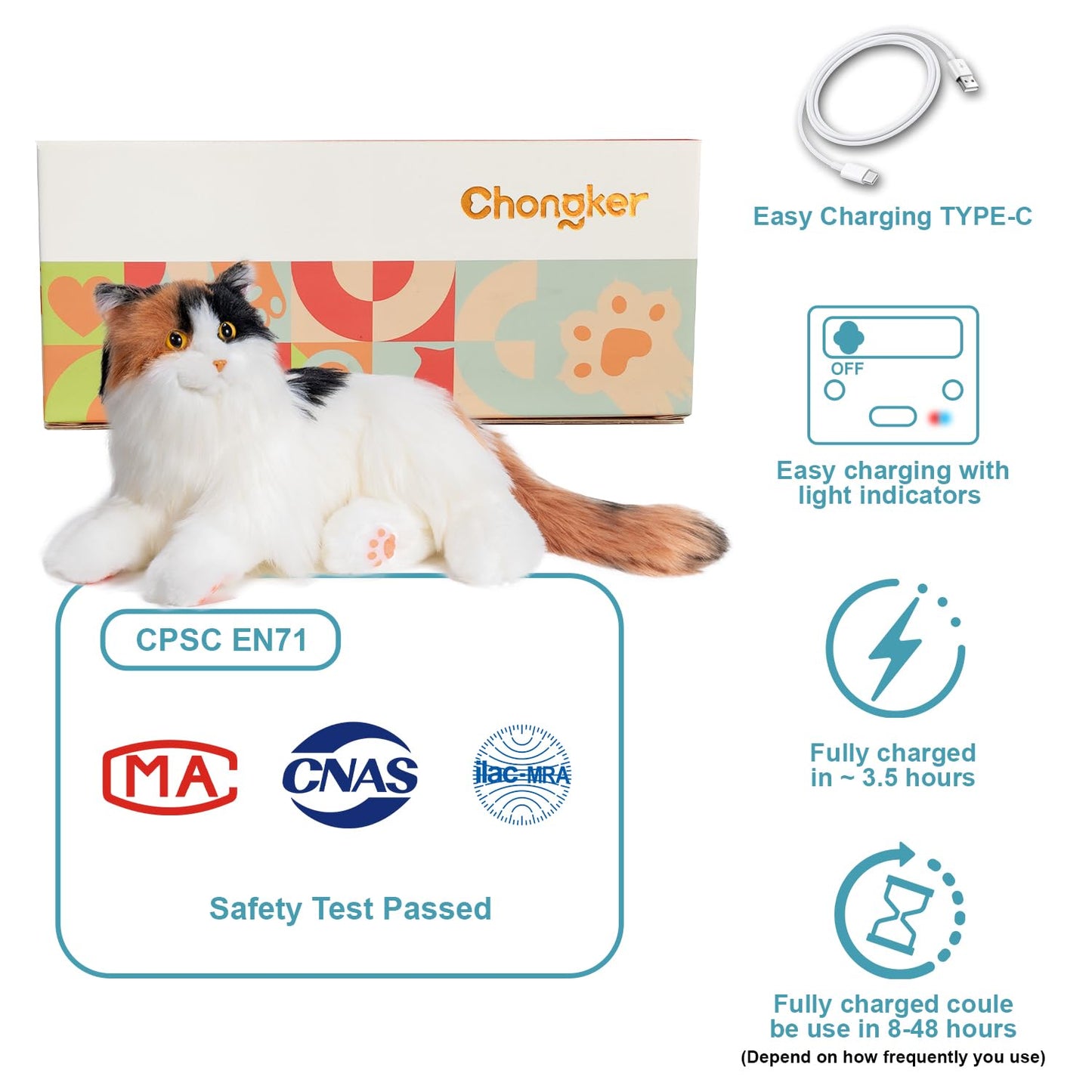 Chongker Interactive Companion Robot Cat, Weighted Breathing Stuffed Animals, Cat Plush Toy with Meow Voice, Breathing, Response, Realistic Heartbeat and Purring (Dark Calico Cat)