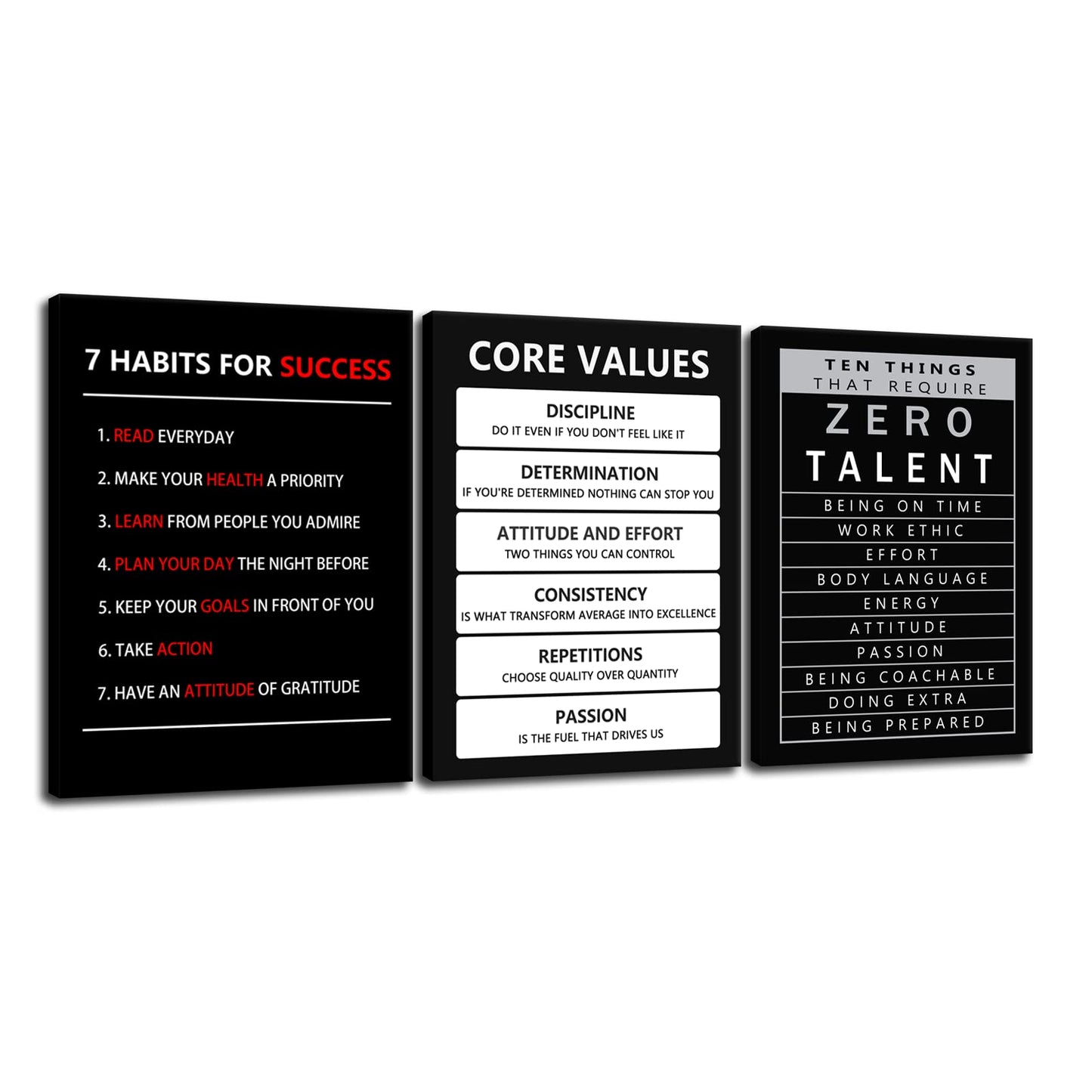 Inspirational Canvas Wall Art 3 Pieces Core Values Poster Motivational Ten Things That Require Zero Talent Canvas Artwork Picture Print Framed for Home Office Living Room Gym Wall Decor [36''Wx 16''H]