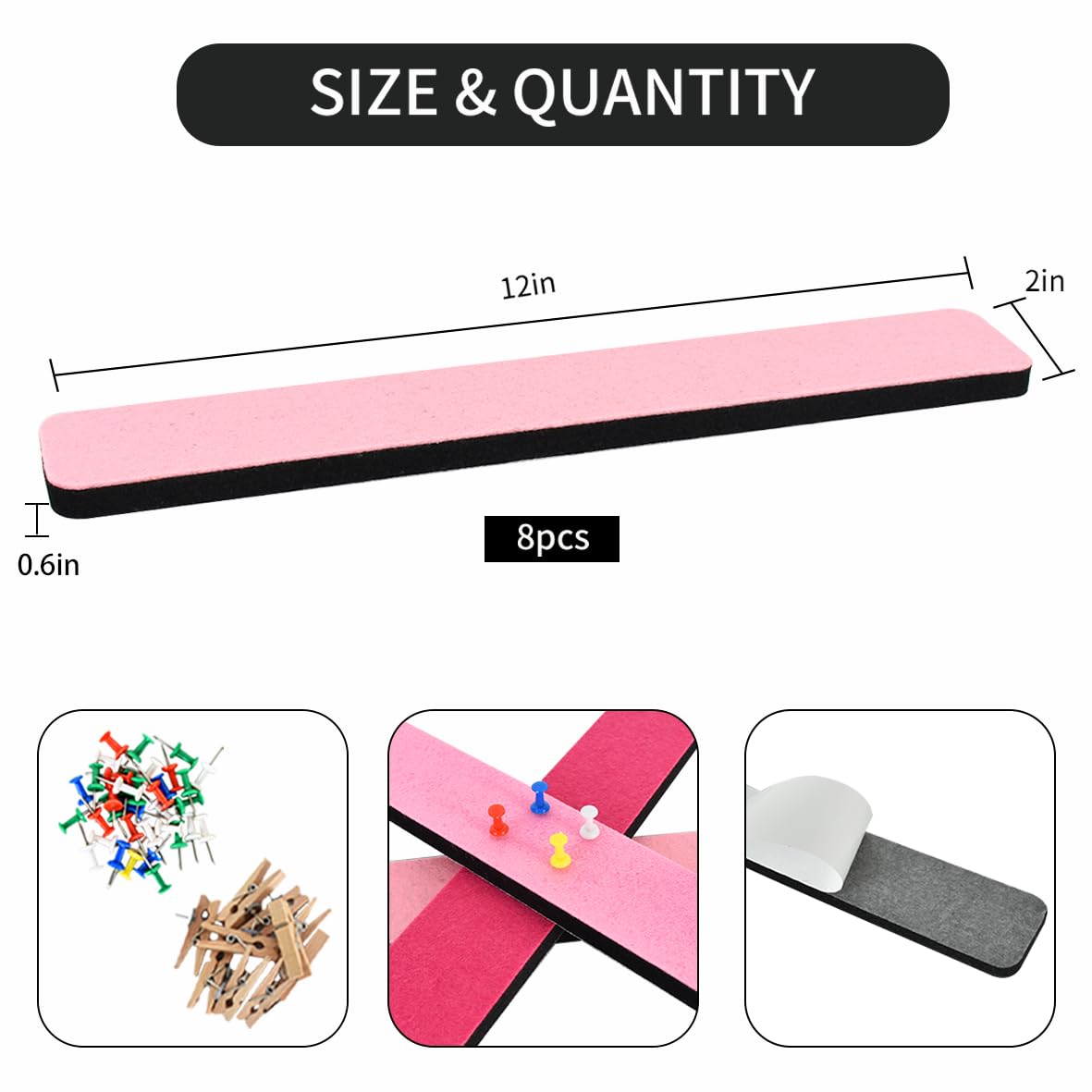 Vuzvuv 8 pcs Bulletin Board Bar Strips with 50 Pushpins & 10 Wooden Clip pins，Self Adhesive Cork Board for Wall，Felt Pin Board for School，Office Decor(Multi-Pink)