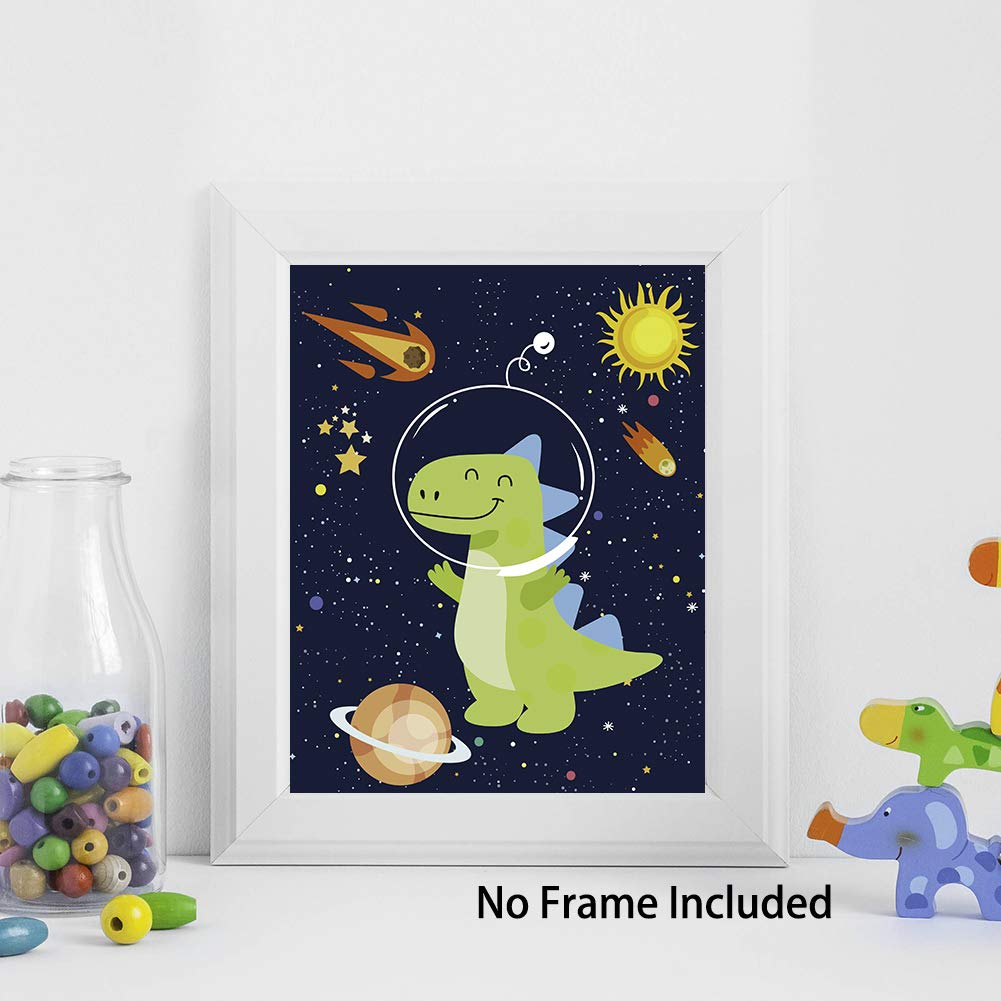KAIRNE Dinosaur Outer Space Art Print, Solar System Planet Canvas Poster,Set of 4 (8X10inch,Unframed) Animal Astronaut Wall Art for Kid Room Decor