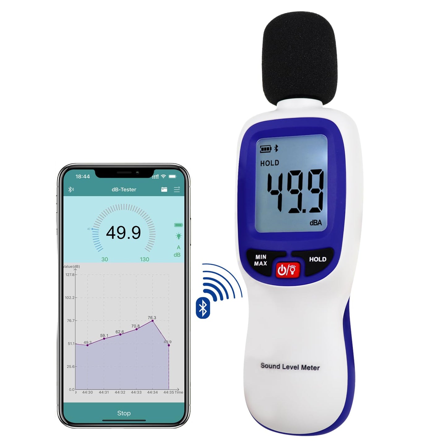 Decibel Meter Bluetooth, Portable Sound Level Meter with Data Logging, Can Fit with Smartphone App Recording, 30 to 130dBA Noise Decibel Meter SPL Meter w/Data Hold MAX MIN Alarm Backlit LCD Display