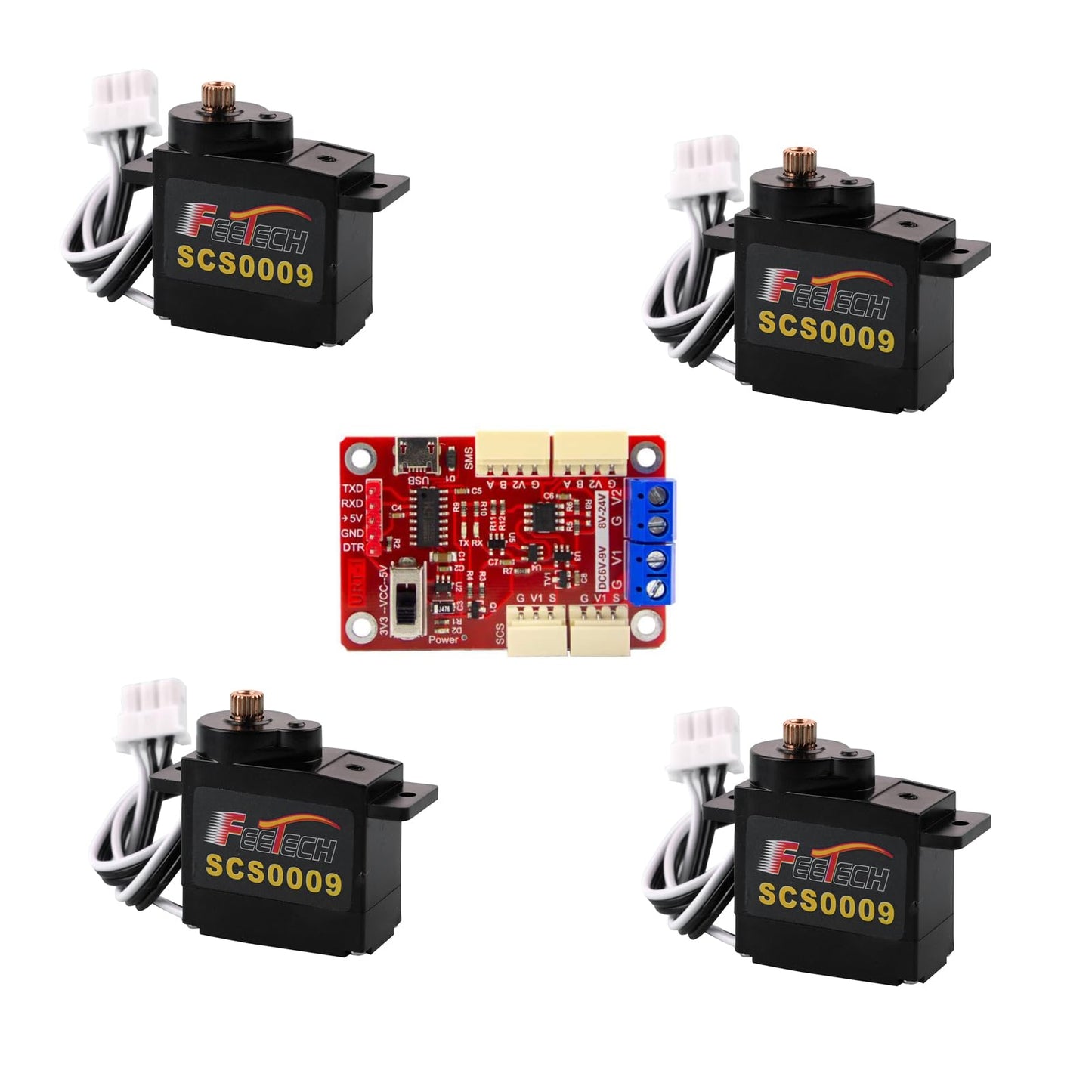 RCmall SCS0009 Serial Bus Servo Kit SCS0009 2.3KG Micro Servo Metal Gear w/300° Encoder TTL/RS485 for Robot Arm, RC Helicopter, Arduino, STEAM (4 Servos+1signal Conversion Board)