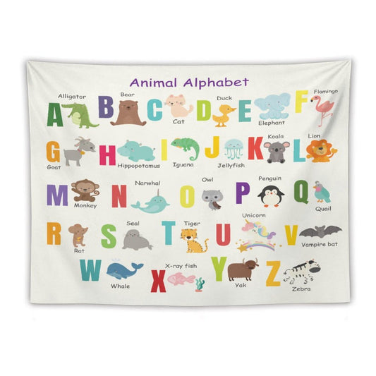 DDCBNS Cartoon ABC Alphabet Tapestry for Kids Boys Girls,Cute Colorful Animal Print Educational Tapestry Wall Hanging Home Décor for Study Bedroom Living Room Nursery 80" x 60"