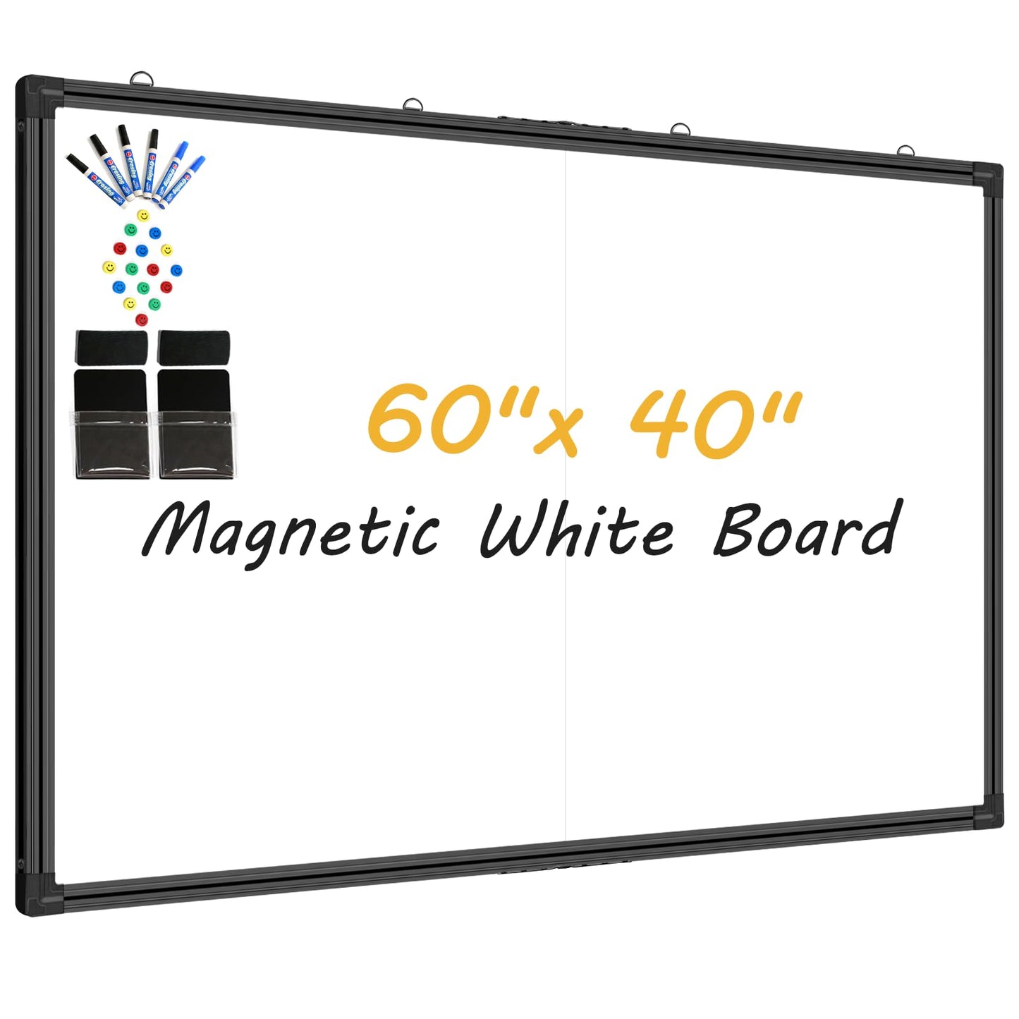 Offi-eqp 60"X40" Large Magnetic Whiteboard for Wall - Non-Glare Coated Surface, Heavy-Duty Hanging Dry Erase Board with Black Aluminum Frame for Office, Classroom & Home (Full Accessory Kit Included)