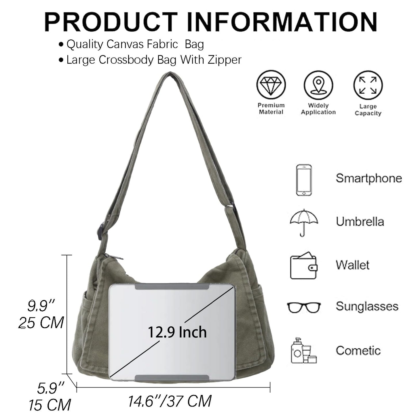 Huwzder Canvas Messenger Bag Large Satchel Bag Travel Hobo Bag Casual Tote Shoulder Bag for Women and Men (Black)