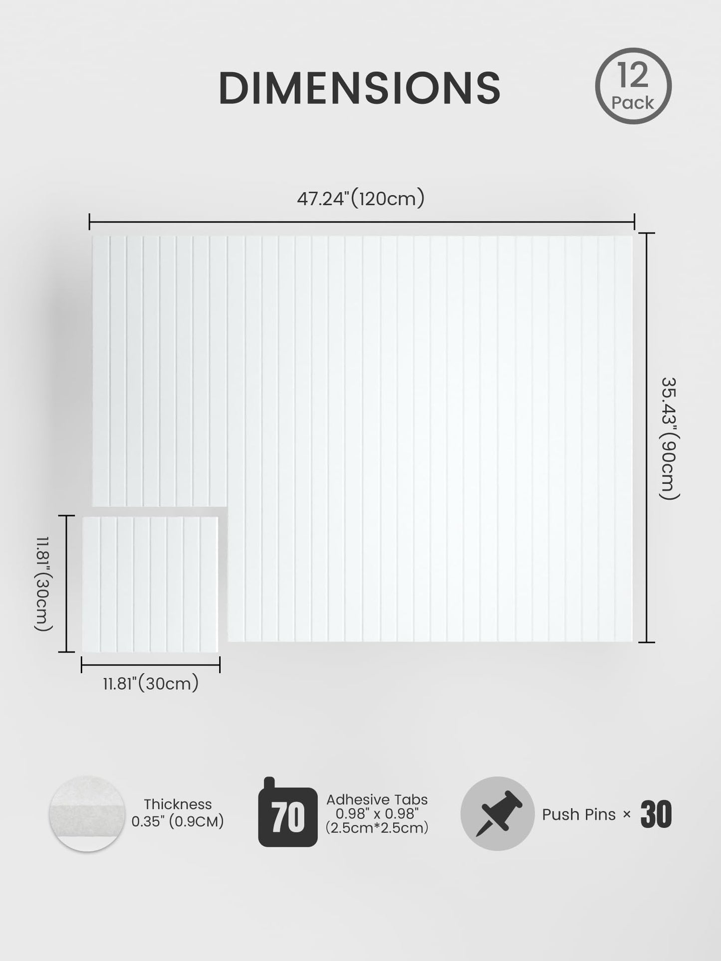 Bumusty Large Cork Board Alternative-48 x 36" Felt Bulletin Board Tiles, with 30 Pushpins, 70 Adhesive Tabs, Fine-Stripe 12-Pack, Cork Boards for Office Push Pin Board Felt Board-Cold White