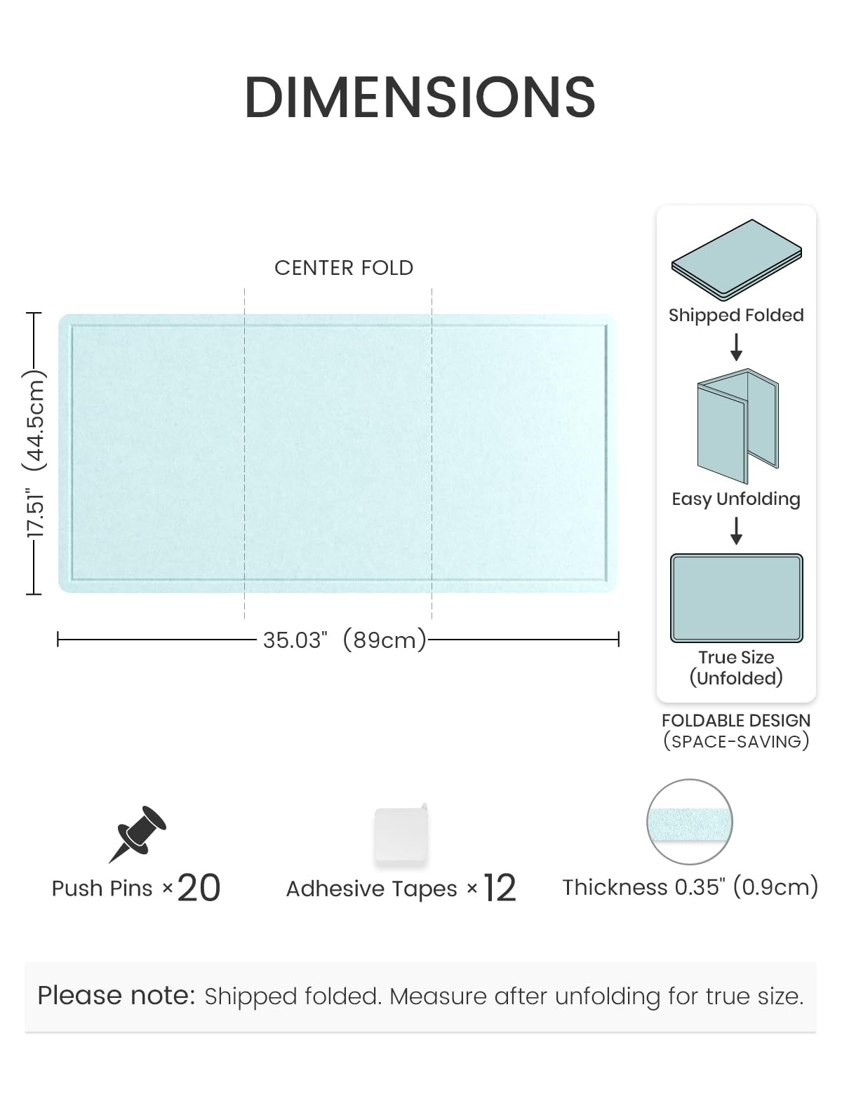 Fluxynara Bulletin Board, 35" x 17.5" Cork Board Alternative with 12 Safe Removable Adhesive Tabs, Foldable Felt Pin Board for Home Office, Classroom, Bedroom,Entryway for Walls—Aqua Blue
