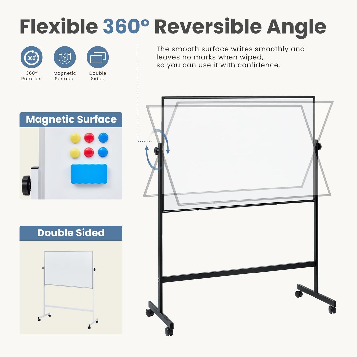 DUMOS Rolling Whiteboard Double Sided 46 x 32 Inches, Magnetic White Board Dry Erase on Wheels, Dry Erase Board with Stand for School, Office and Home, Silver Aluminium Frame, Black