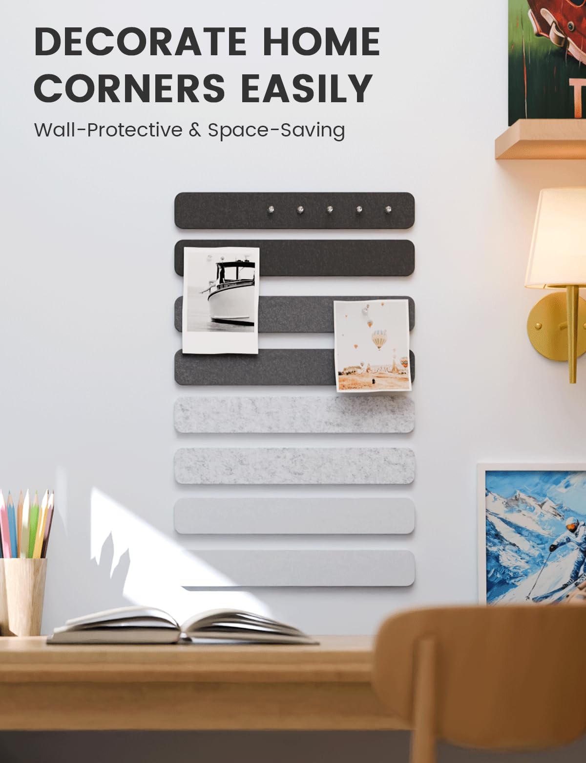 Fluxynara Cork Board Alternative Felt Strip Board 8-Pack 13"x2", Office Pin Board with 50 Push Pins, Adhesive Install for Bedroom Door & Home Office (Concrete Echo)