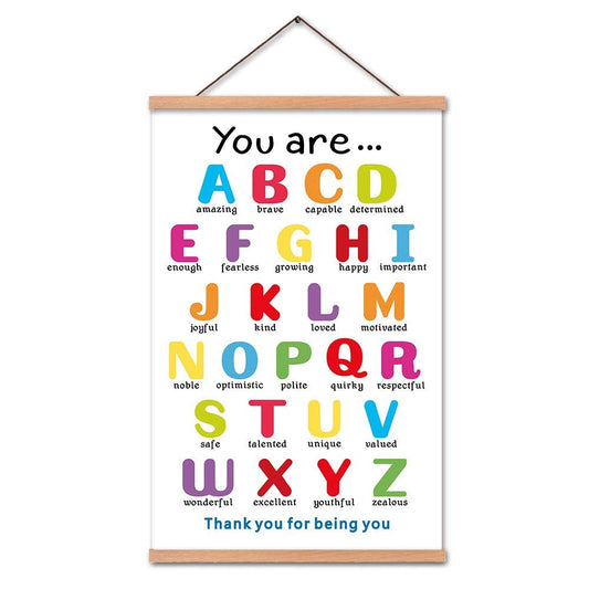 KAIRNE Colorful ABC Alphabet Art Print with Wood Magnetic Poster Hanger Frame, 35X56CM You are Amazing Positive Affirmation Words Canvas Wall Art for Home School kids Classroom Room Decor