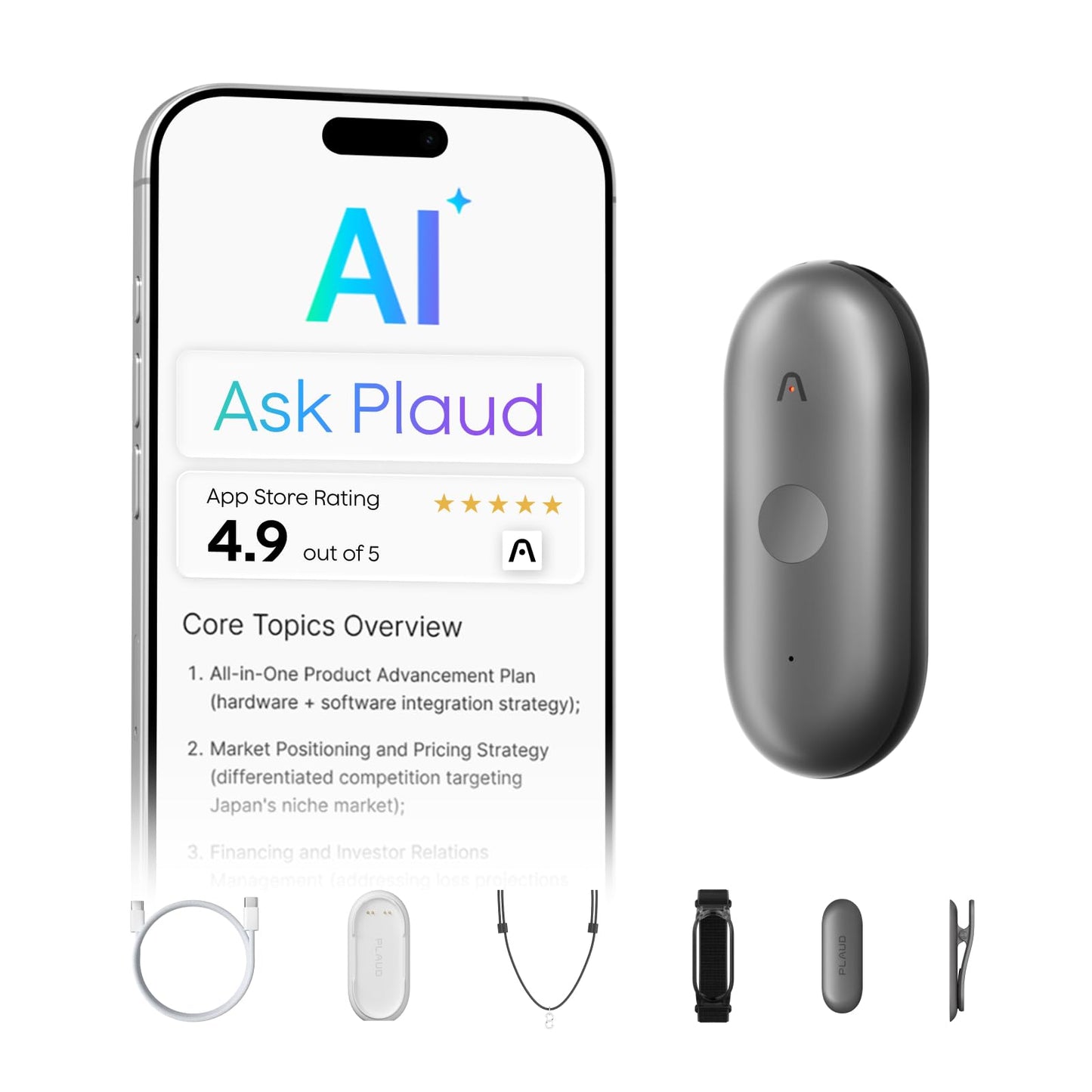 Plaud NotePin S AI Voice Recorder, Wearable AI Notetaker, AI Transcribe & Summarize, Support 112 Languages, 64GB Audio Recorder for Meetings Interviews, Professionals, Teams, with 4 Accessories