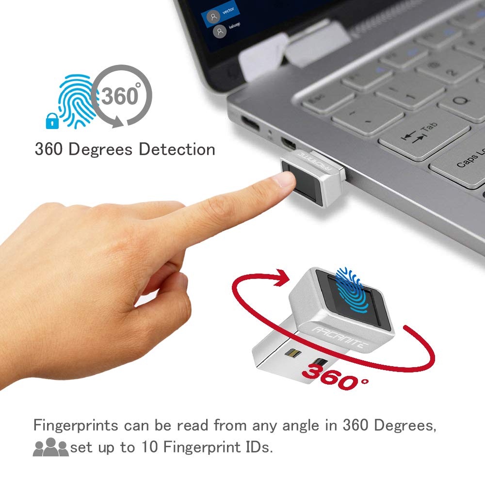 ARCANITE USB Fingerprint Reader for Windows 10 Hello, 0.05s 360-Degree Sensor Security Device, AKFSD-07
