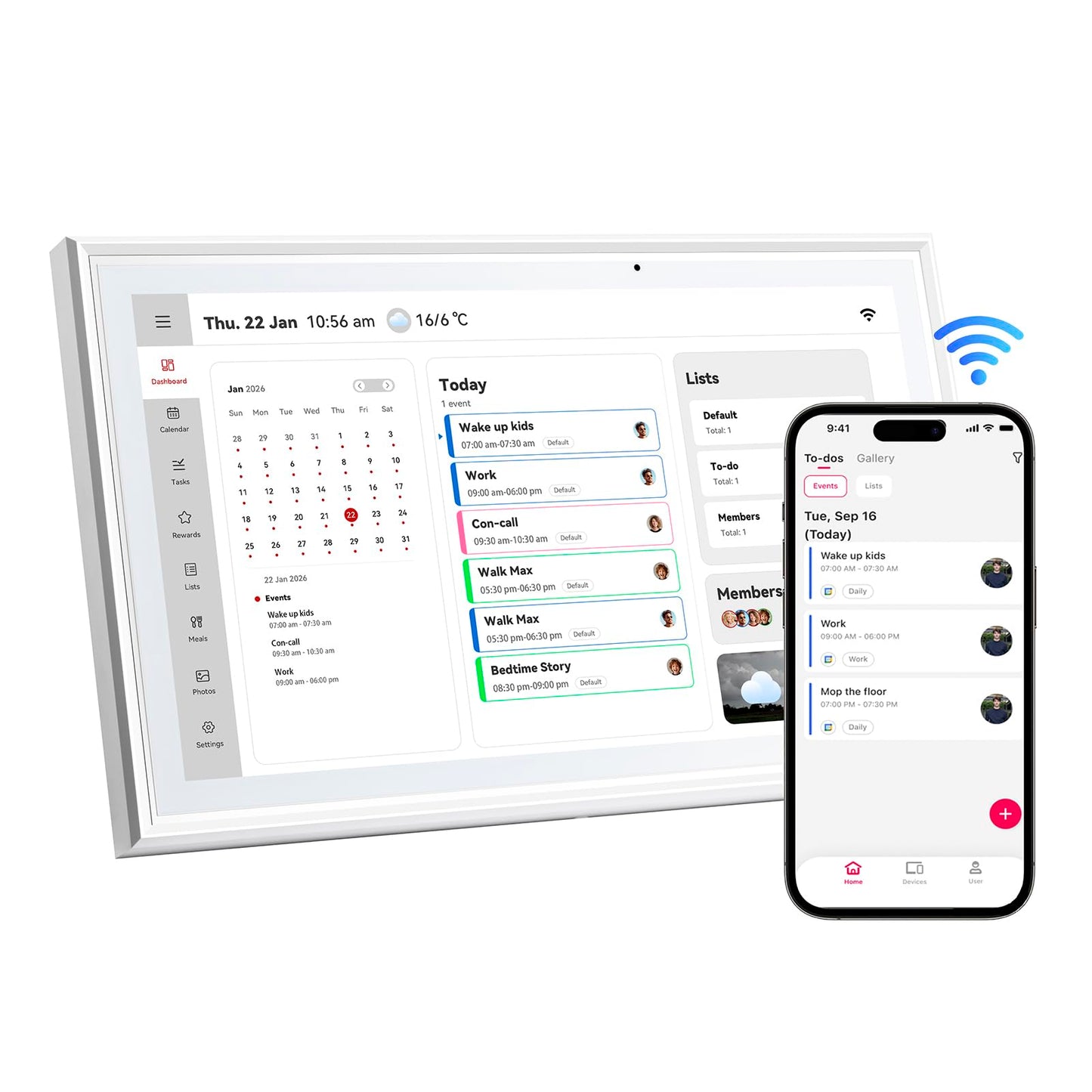 15.6 Inch Digital Calendar，Smart Touchscreen Interactive Display for Family Schedules，Chore Charts, Achievement Rewards,Meal Planner, to Do List，Wall & Desk Mount Smart Electronic Planne