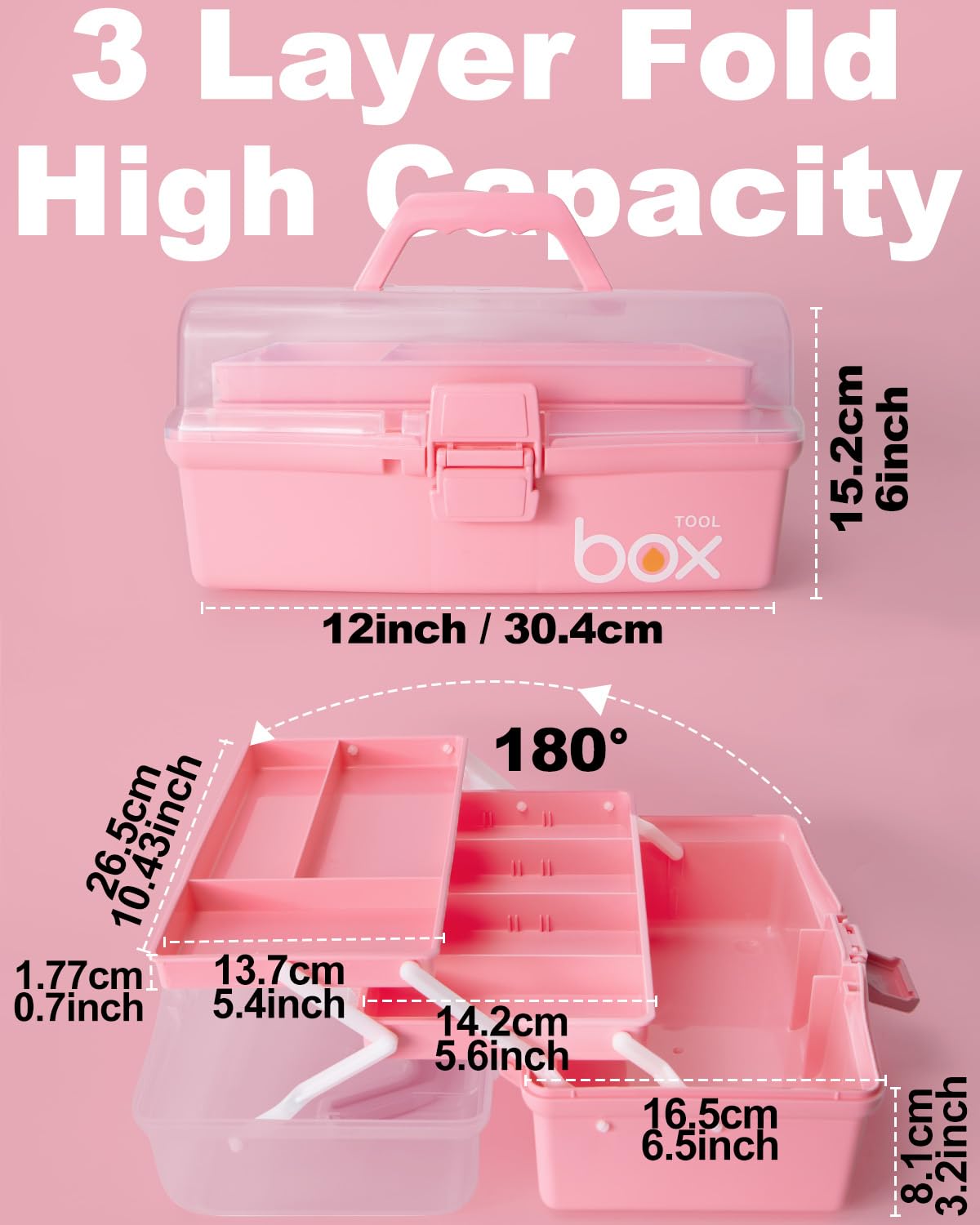 TERGOO 12in 3-Layer Plastic Craft Organizers and Storage, Portable Folding Tackle Box with Handle & Adjustable Dividers, Multipurpose Case for Sewing, Art Supplies, Medicine, Tools (Pink)